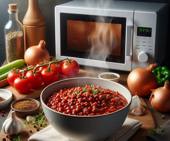 Salsa boloñesa con ingrendientes junto a un microondas